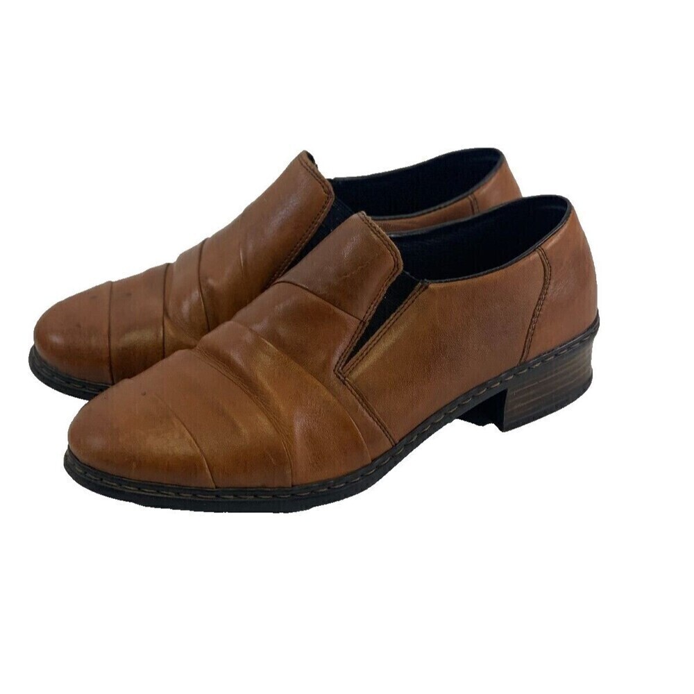 Rieker Brown Leather Loafer Pump Slip On Ruched Low Heel Womens UK 7.5 US 9.5